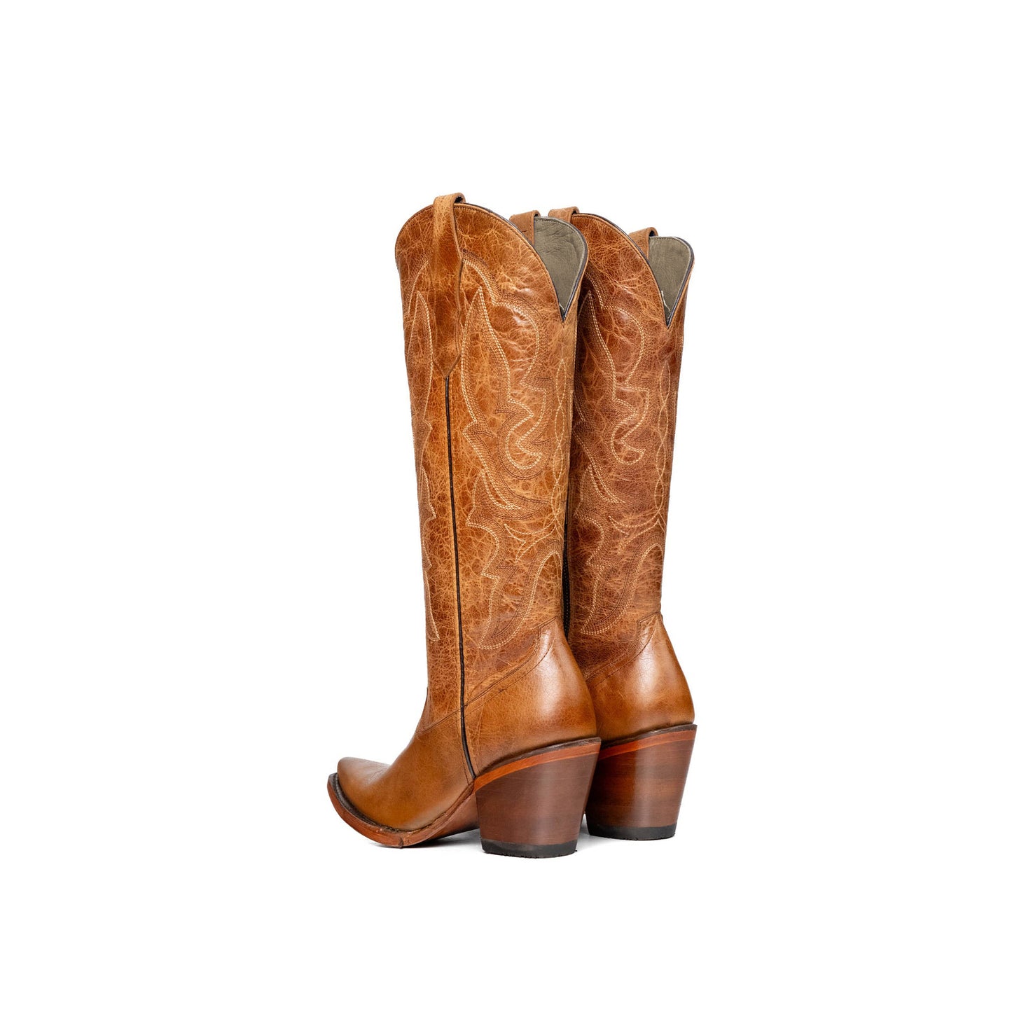 Distressed Light Brown Snip-Toe Embroidery Half-Zip Knee High Cowgirl Boots