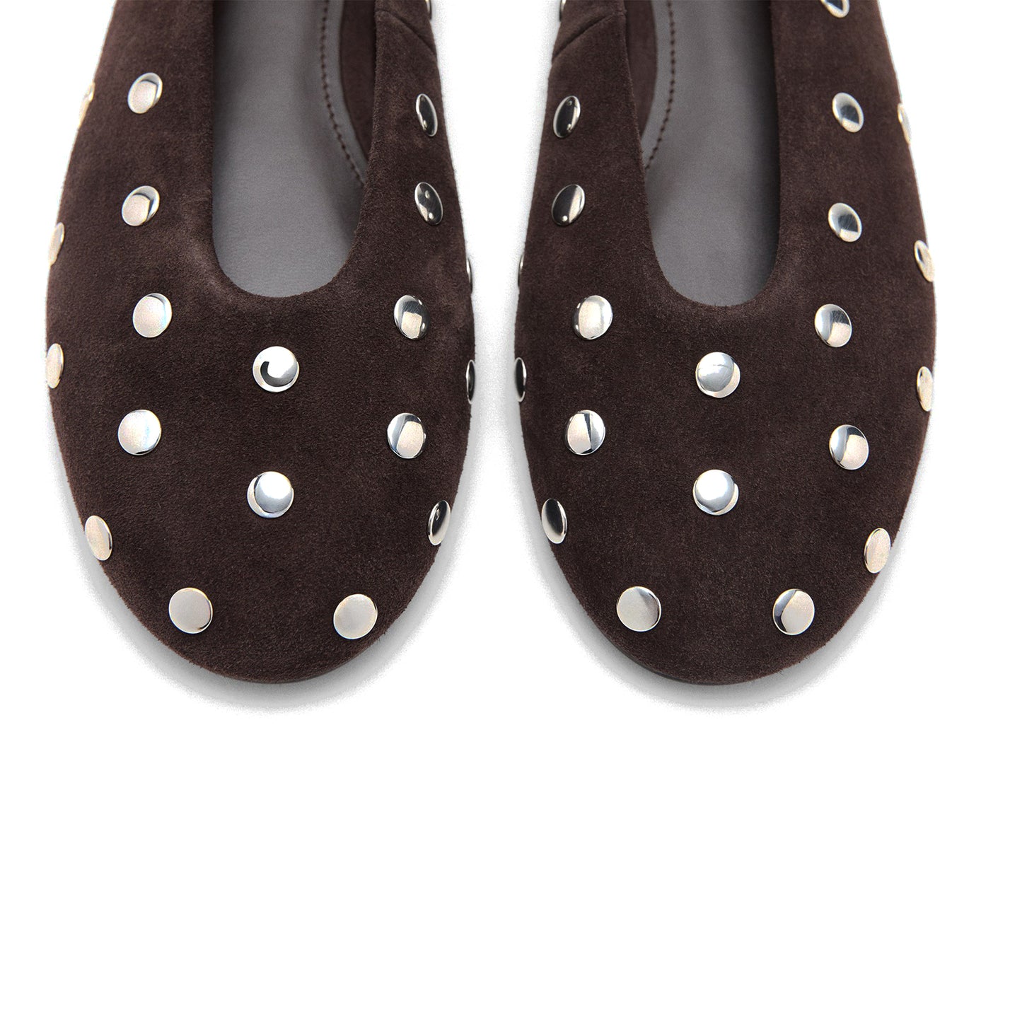Chocolate Faux Suede Round-Toe Full Studs Slip-On Ballet Flats