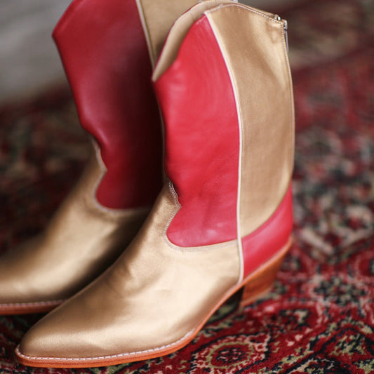Gold And Red Almond-Toe Simple Back Full-Zip Mid Calf Cowgirl Boots