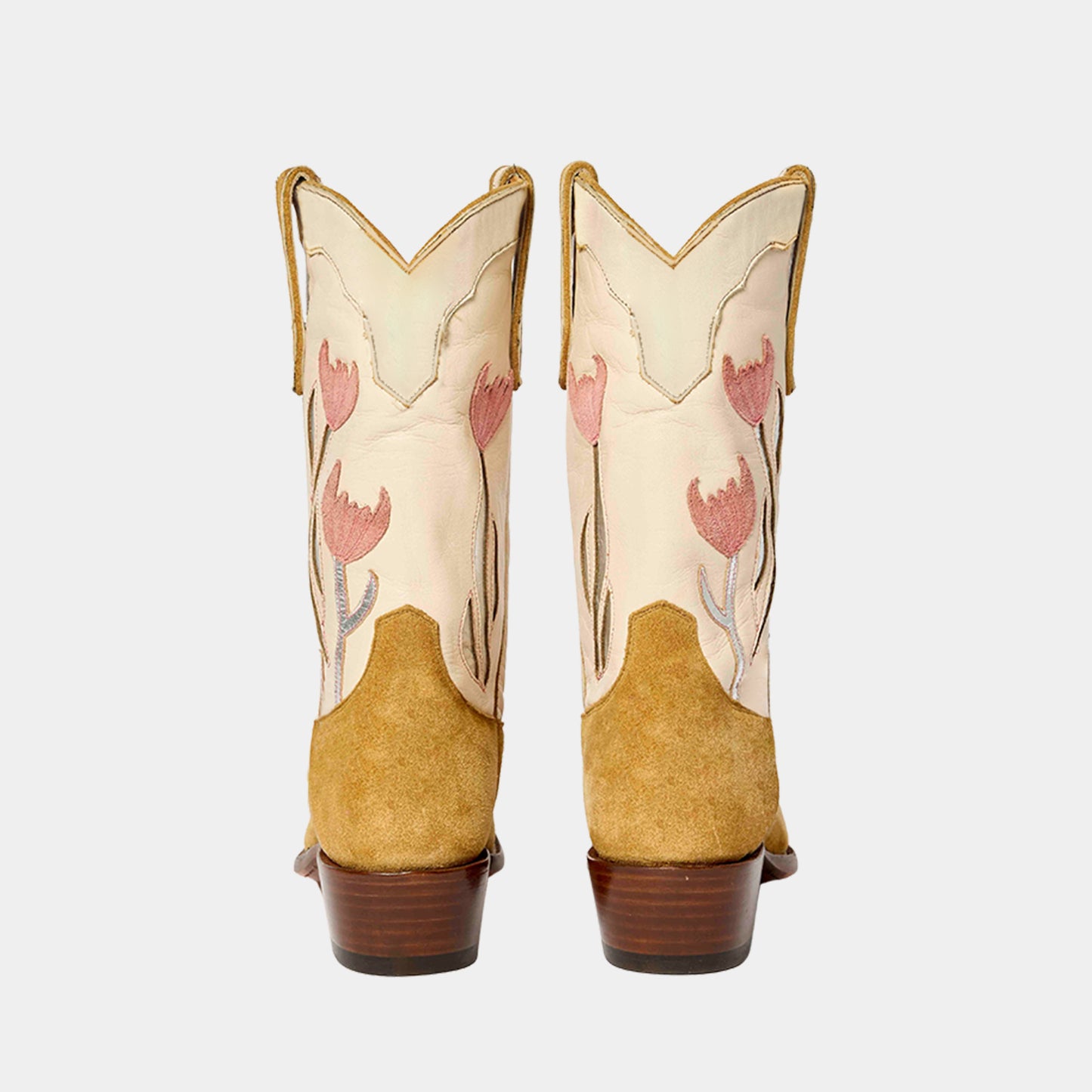 Contrast Cream And Camel Faux Suede Snip-Toe Silver Tulip Inlay Mid Calf Cowgirl Boots
