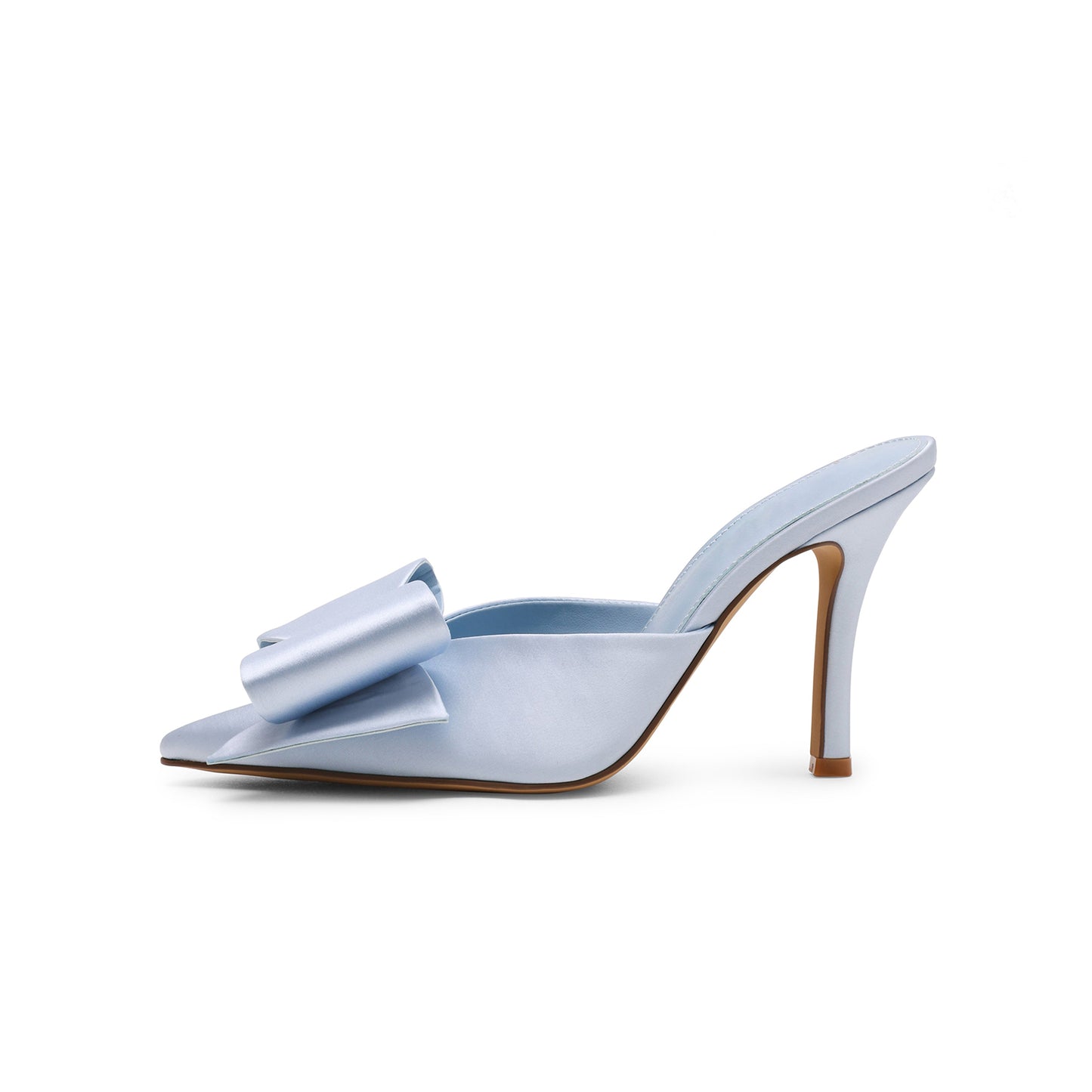 Light Blue Satin Pointed-Toe Front Big Bow Slip-On Backless High Heels