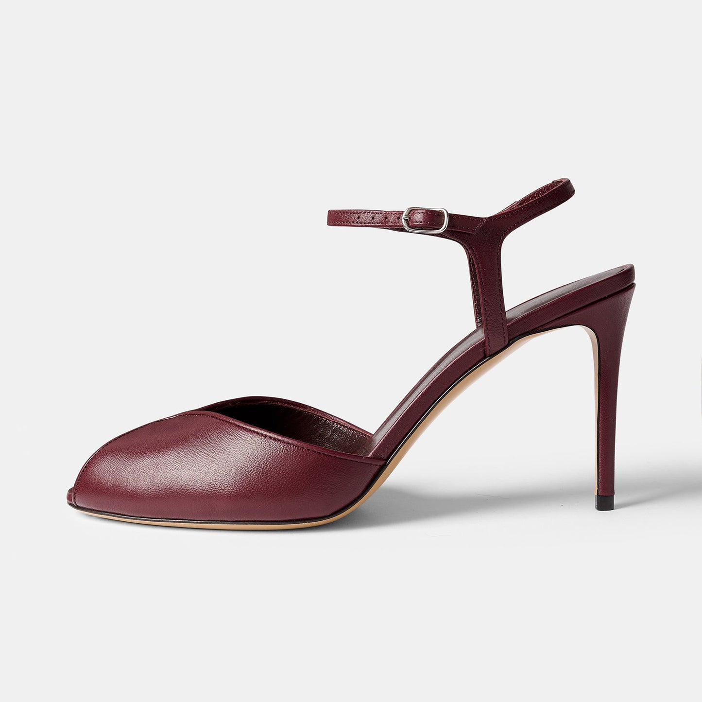 Burgundy Peep Round-Toe Slingback And Ankle Strap Chic High Heels