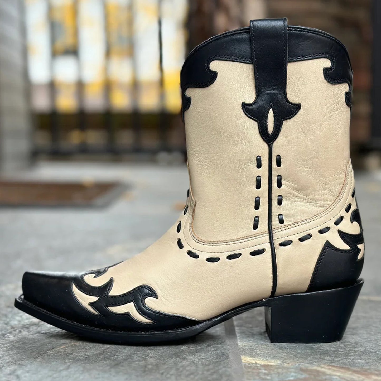 Contrast Cream And Black Snip-Toe Running Stitch Ankle Cowgirl Boots