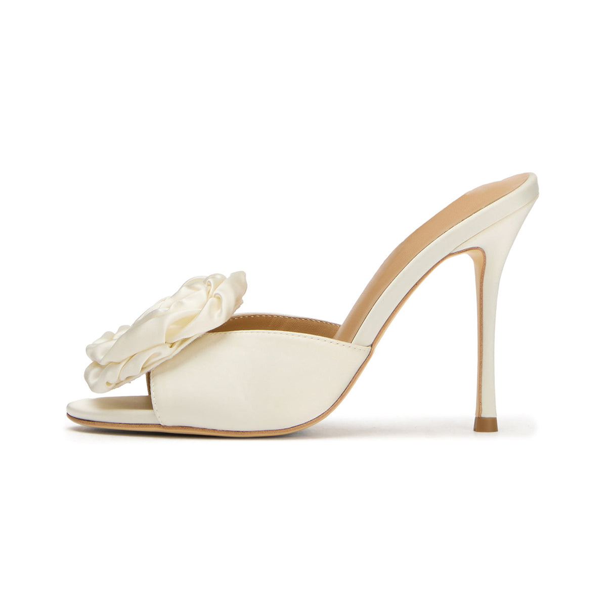 Ivory Satin Round-Toe Front Big Rose Backless High Heels