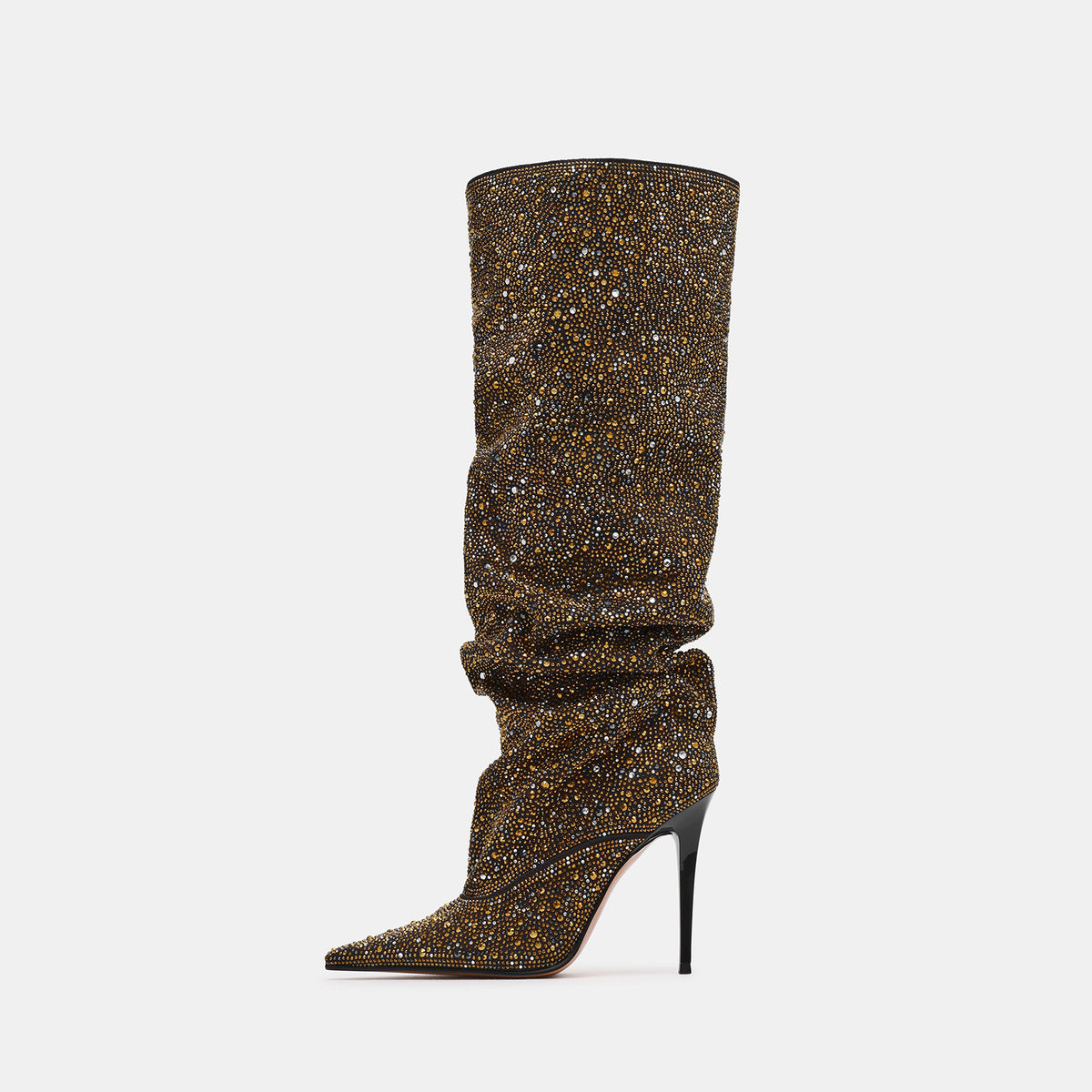 Black Faux Suede Pointed-Toe Full Gold Rhinestones Wide Calf Knee High Stiletto Boots