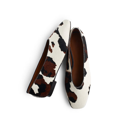 Cow Print Pony Hair Vegan Leather Square-Toe Ballet Flats