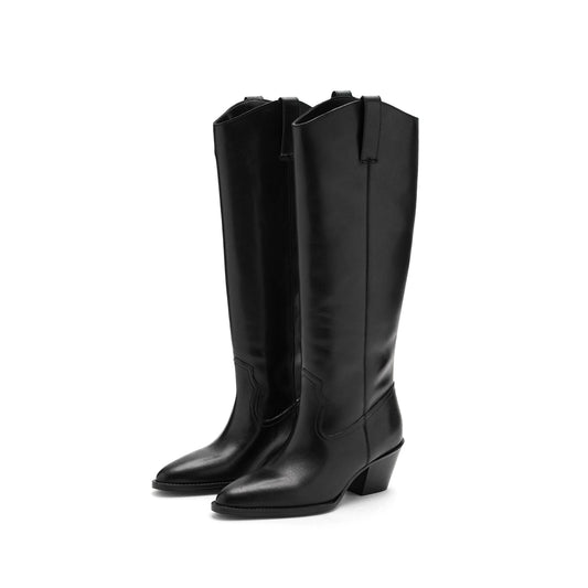 Black Vegan Leather Almond-Toe Simple Wide Calf Knee High Cowgirl Boots
