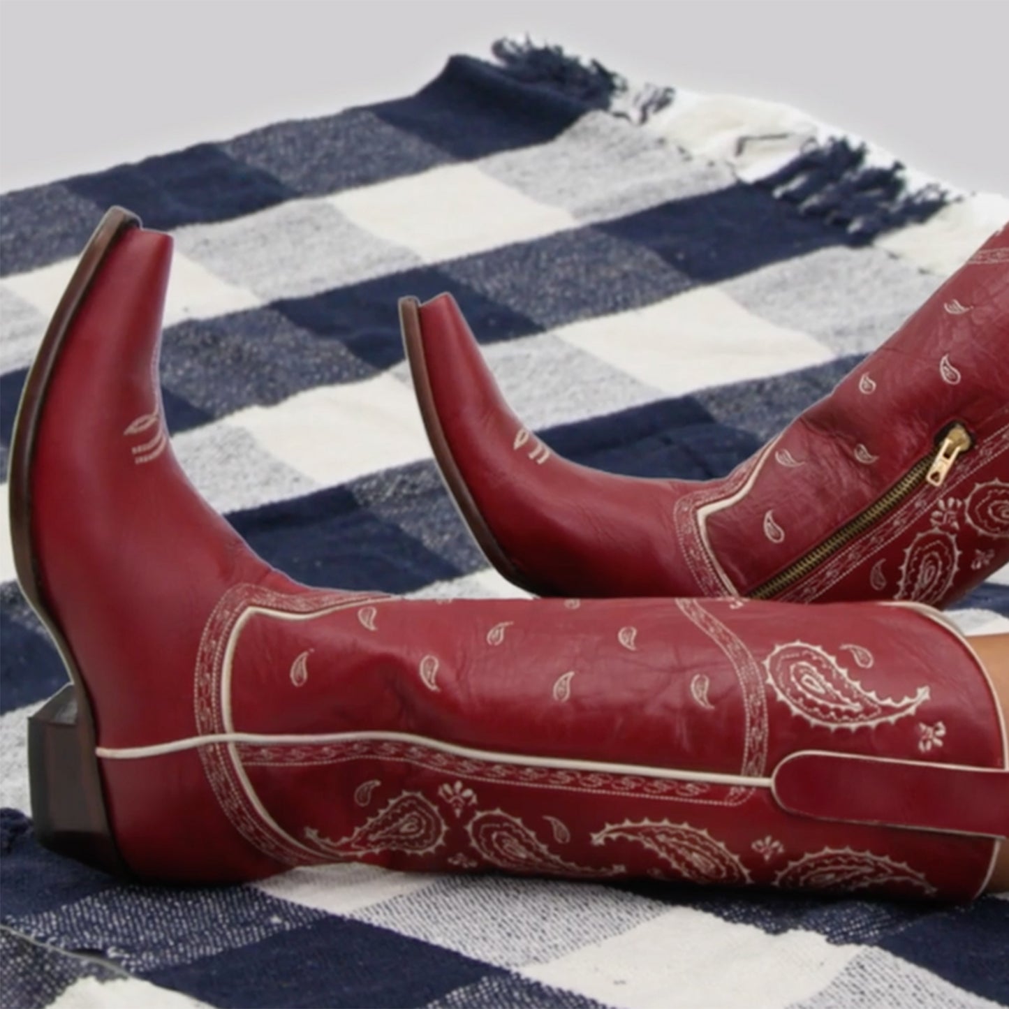 Red Snip-Toe Paisley Embroidery Half-Zip Knee High Cowgirl Boots