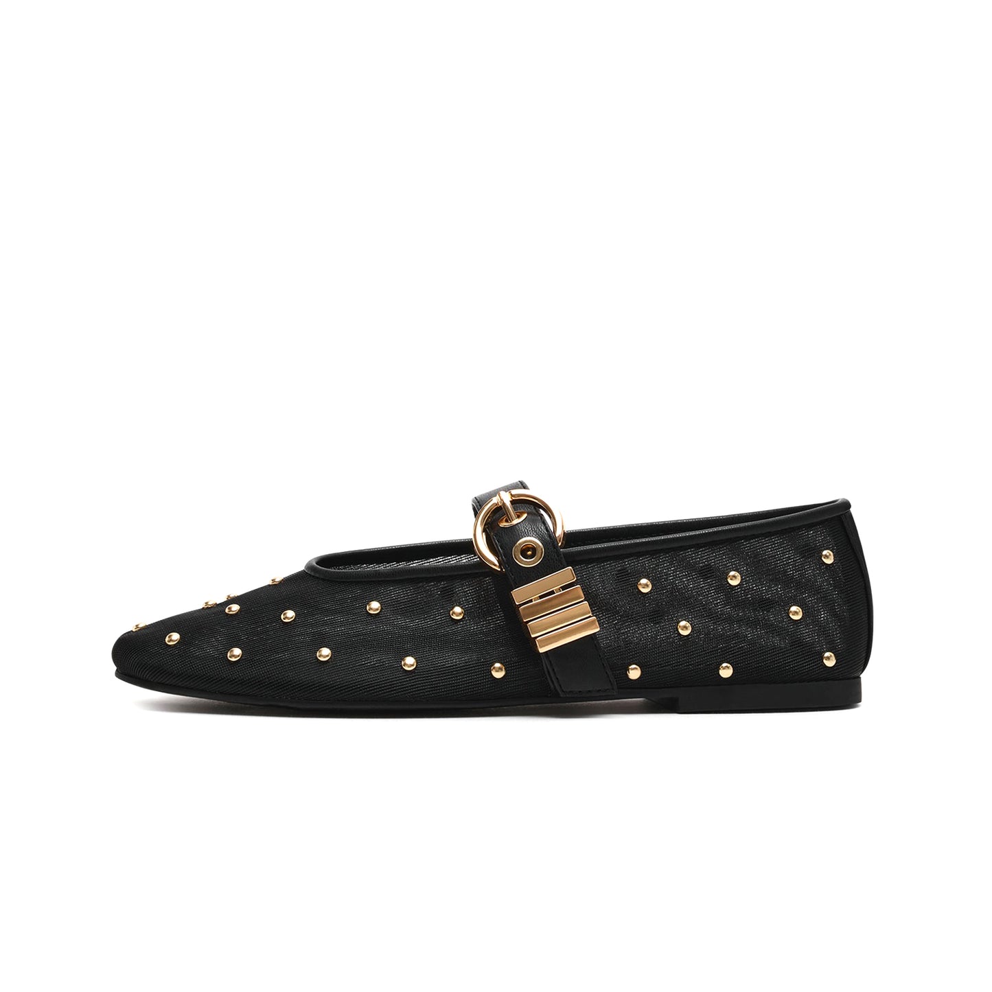 Black Studded Mesh Square-Toe Bridge Strap Ballet Flats