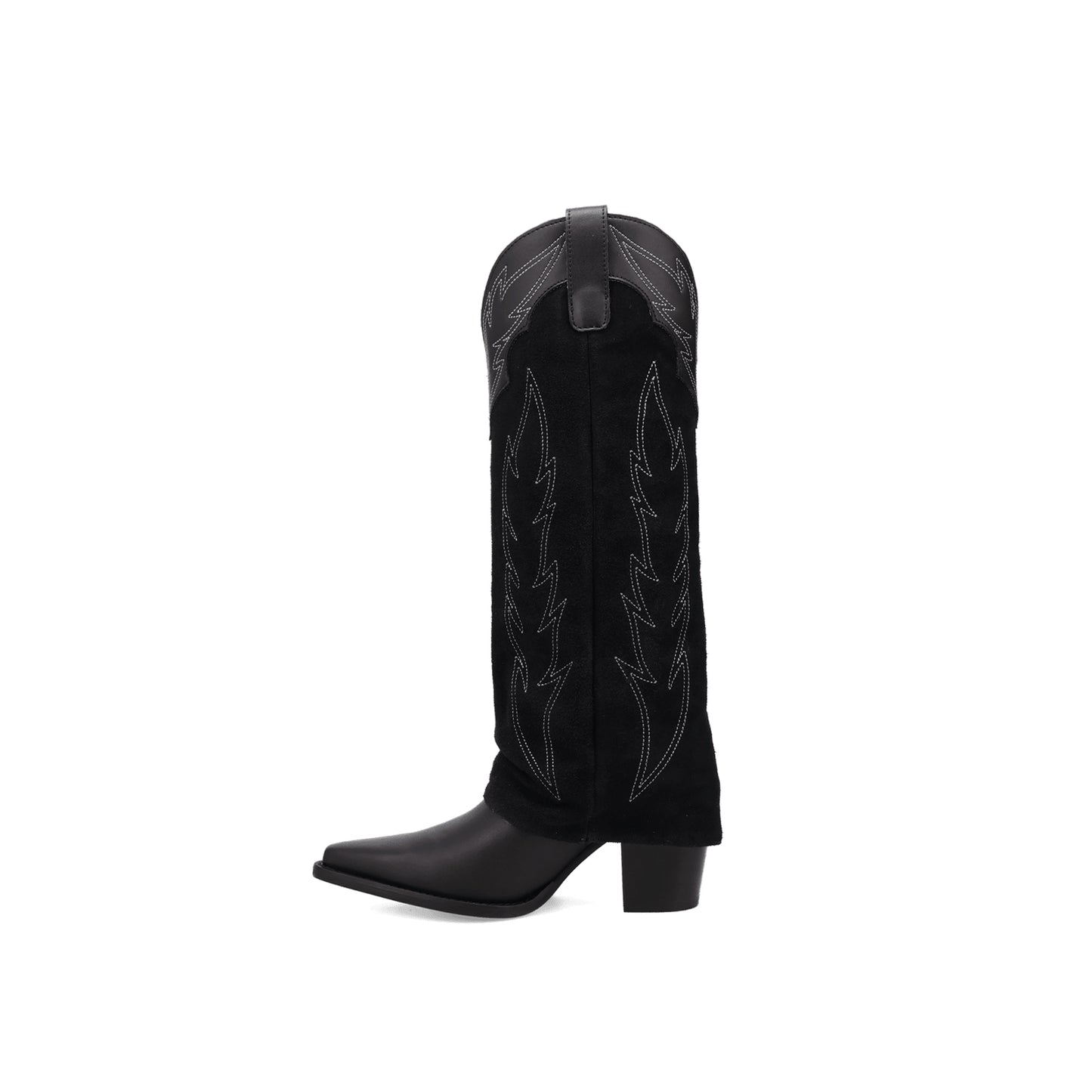 Black Snip-Toe Faux Suede Fold-Over Embroidery Wide Calf Knee High Cowgirl Boots