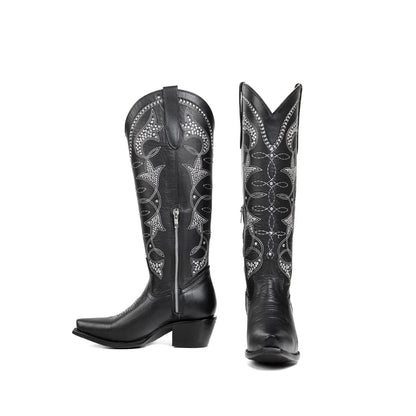 Black Snip-Toe Rhinestone Embroidery Half-Zip Knee High Cowgirl Boots