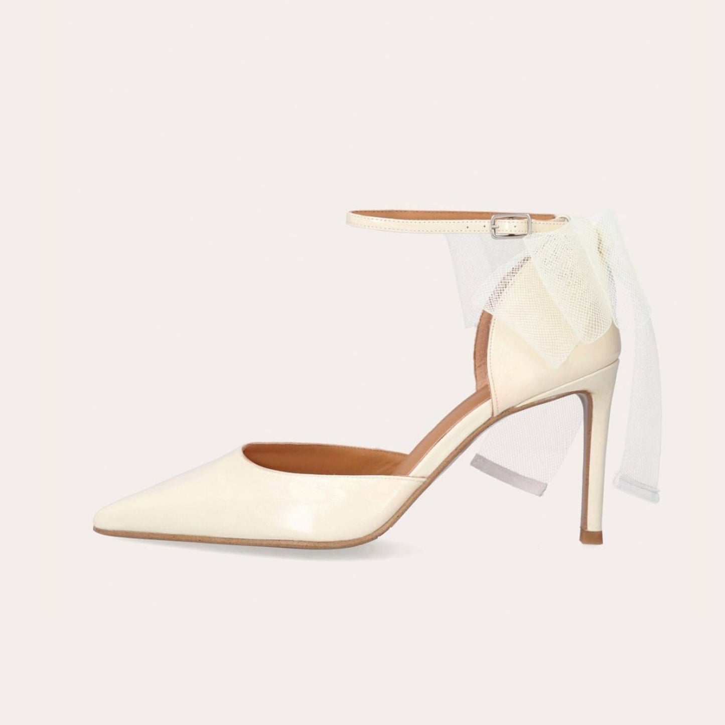 Ivory Pointed-Toe Chic Back Big Mesh Bow And Ankle Strap High Heels