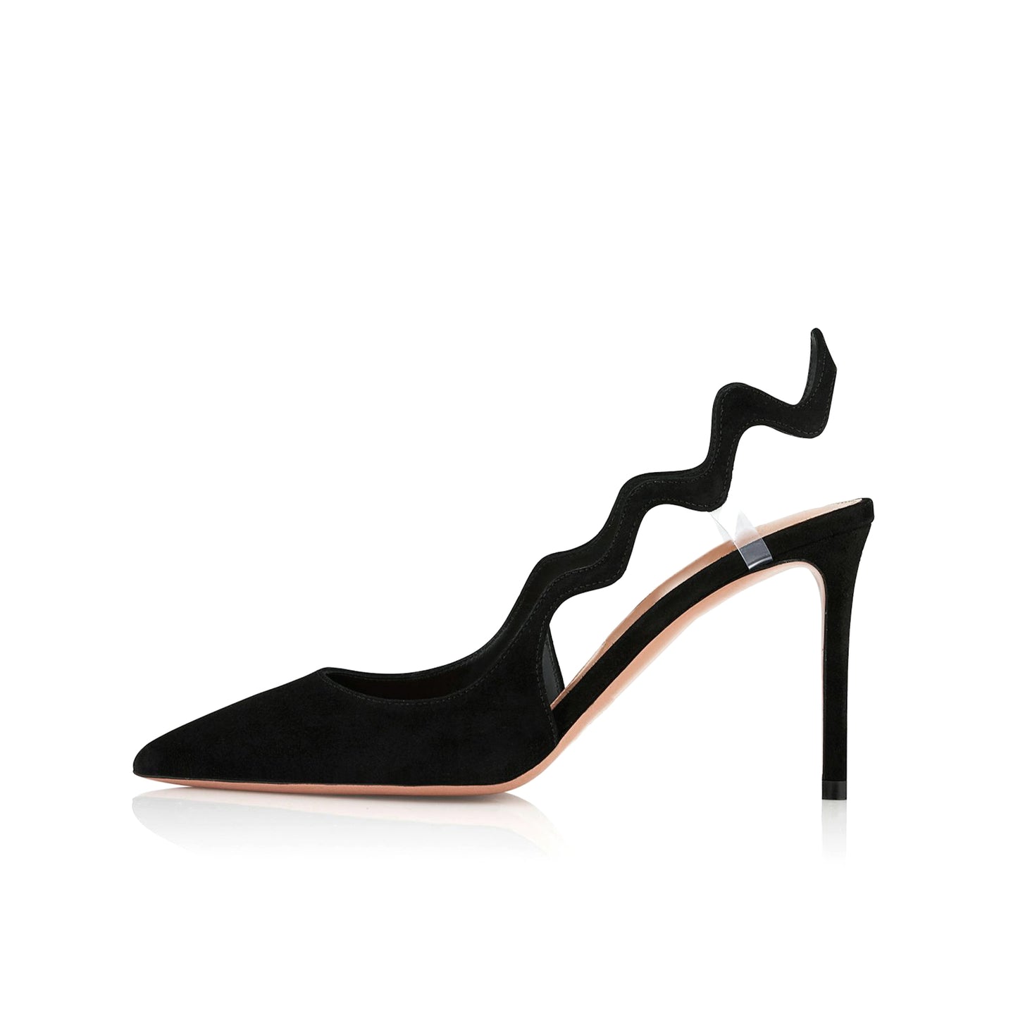Black Faux Suede Pointed-Toe Undulating Slingback High Heels