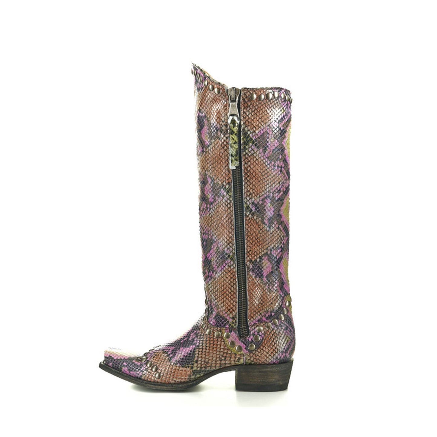 Snakeskin Print Snip-Toe Studs Detail Full-Zip Mid Calf Cowgirl Boots