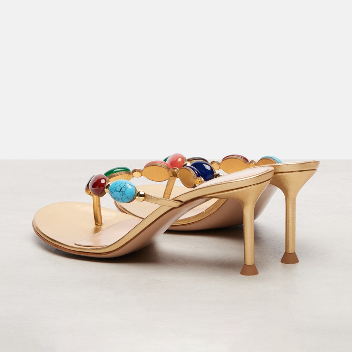 Metallic Gold Square-Toe Multicolored Cabochon Stones Herringbone High Heels