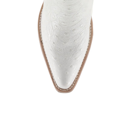 White Ostrich-Patterned Snip-Toe Embroidery Mid Calf Cowgirl Boots