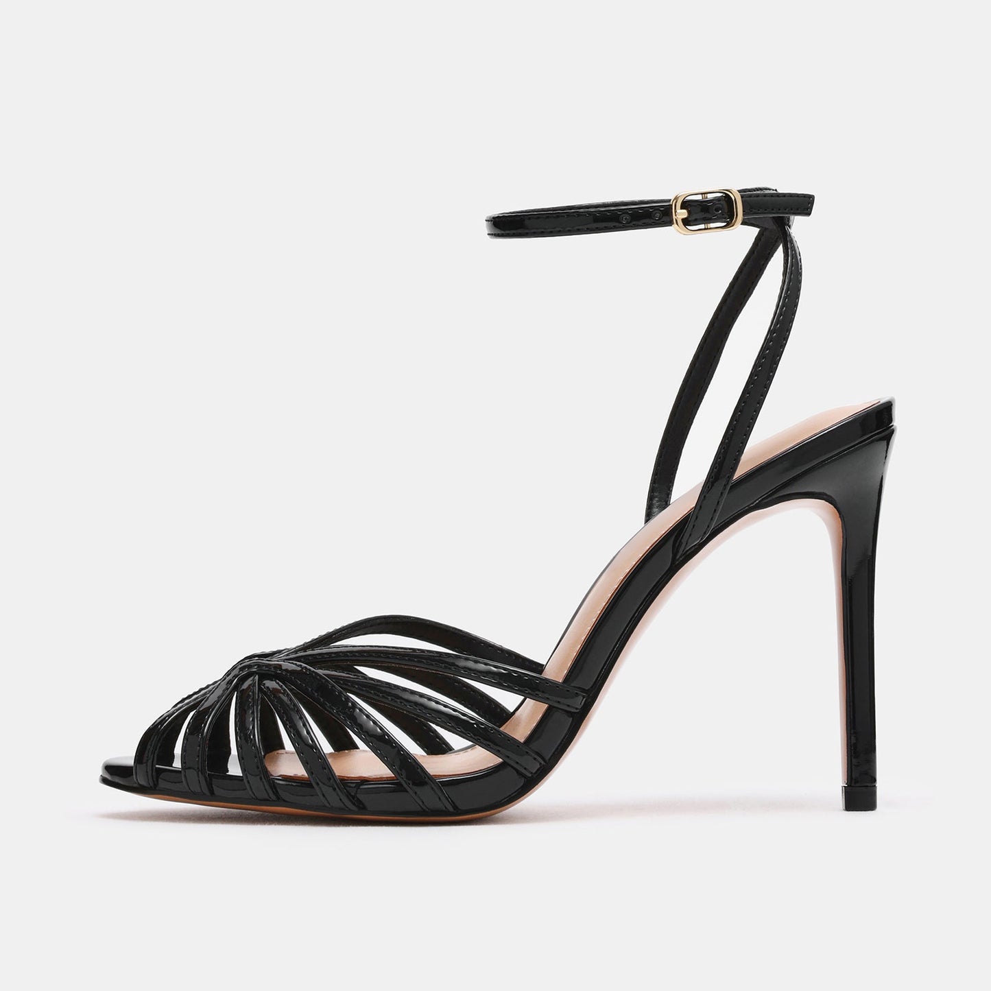 Patent Black Round-Toe Strappy Ankle And Back Straps Stiletto Heels