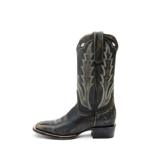 Distressed Black Square-Toe Embroidery Mid Calf Cowgirl Boots