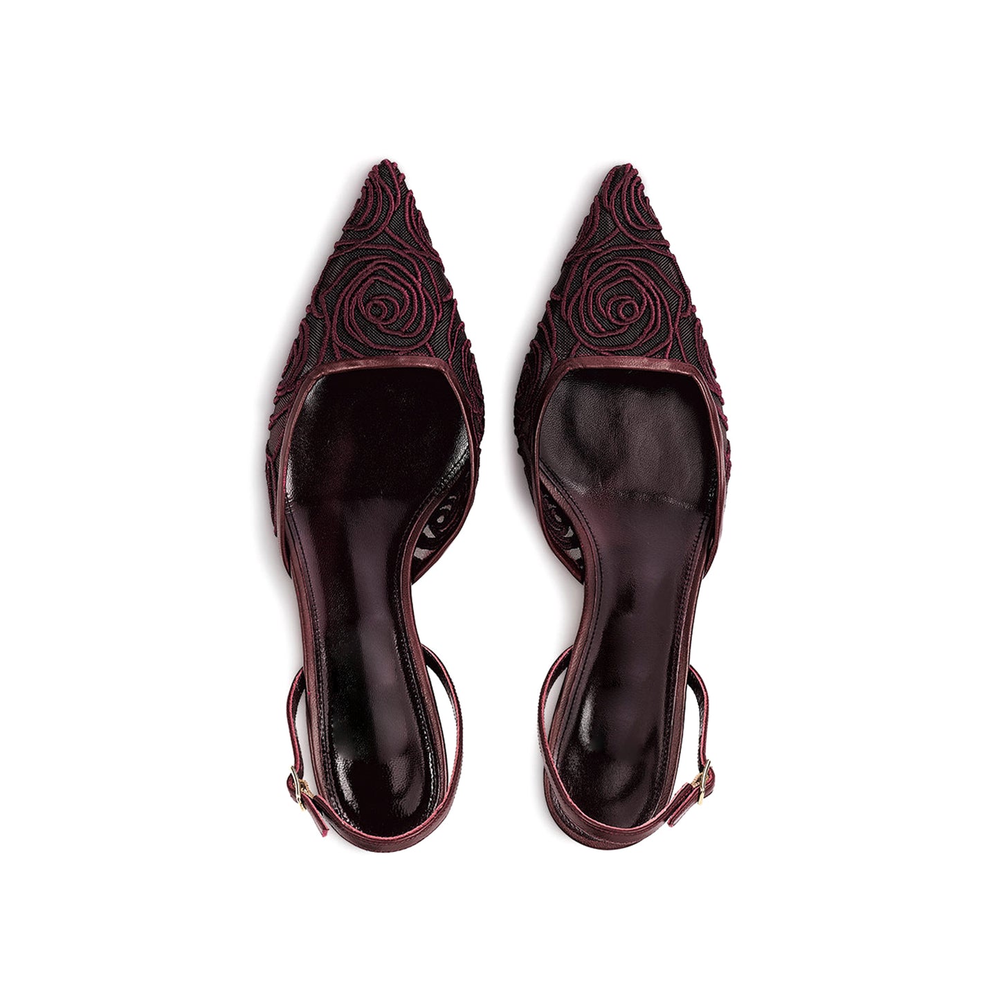 Dark Red Mesh Pointed-Toe Embroidery Slingback Slip-On Kitten Heels