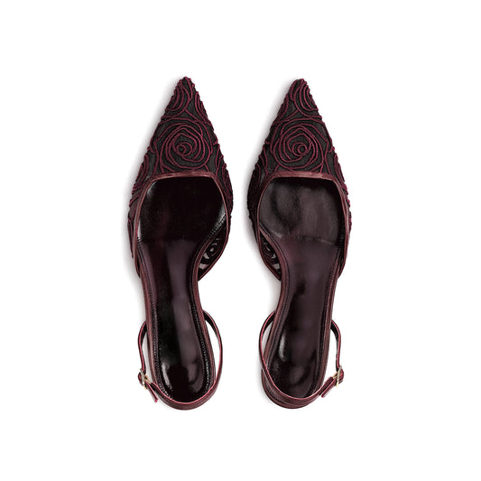 Dark Red Mesh Pointed-Toe Embroidery Slingback Slip-On Kitten Heels