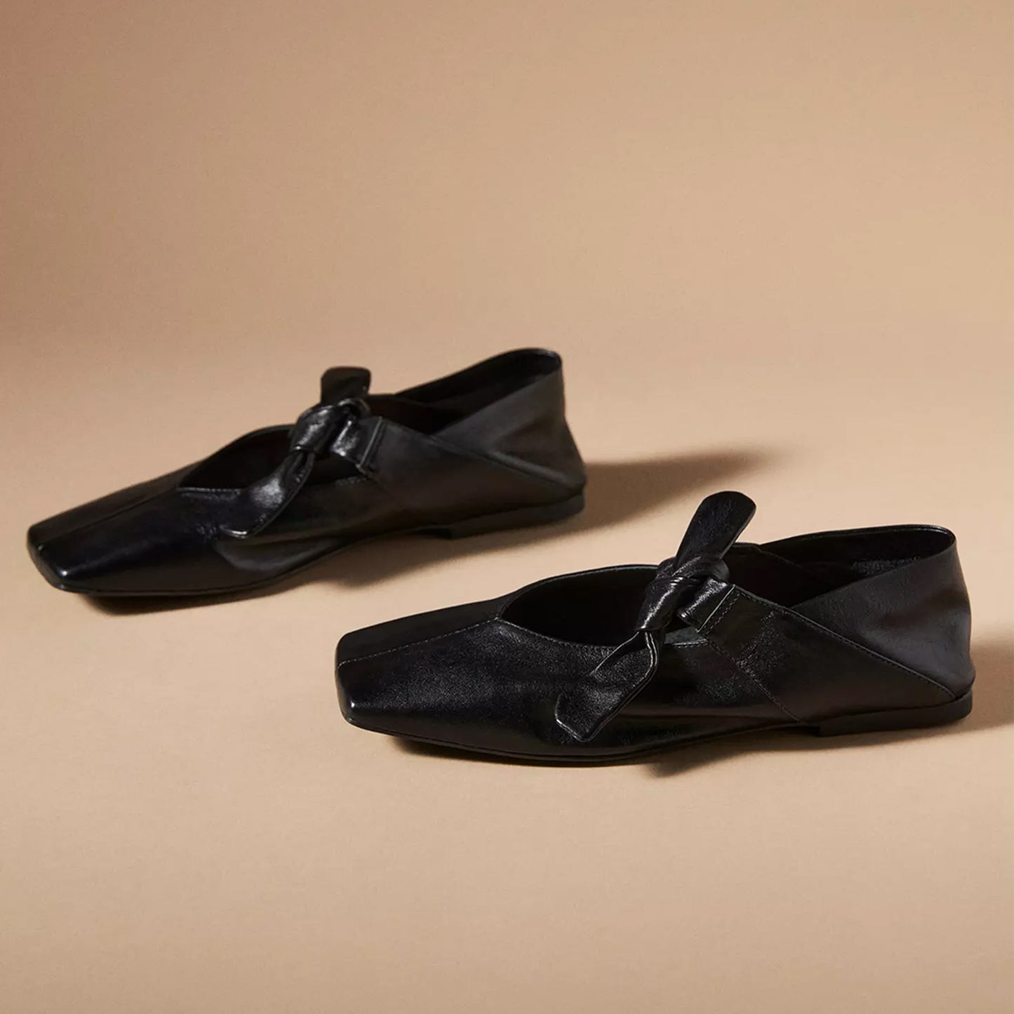 Black Square-Toe Center Lace-Up Ballet Flats