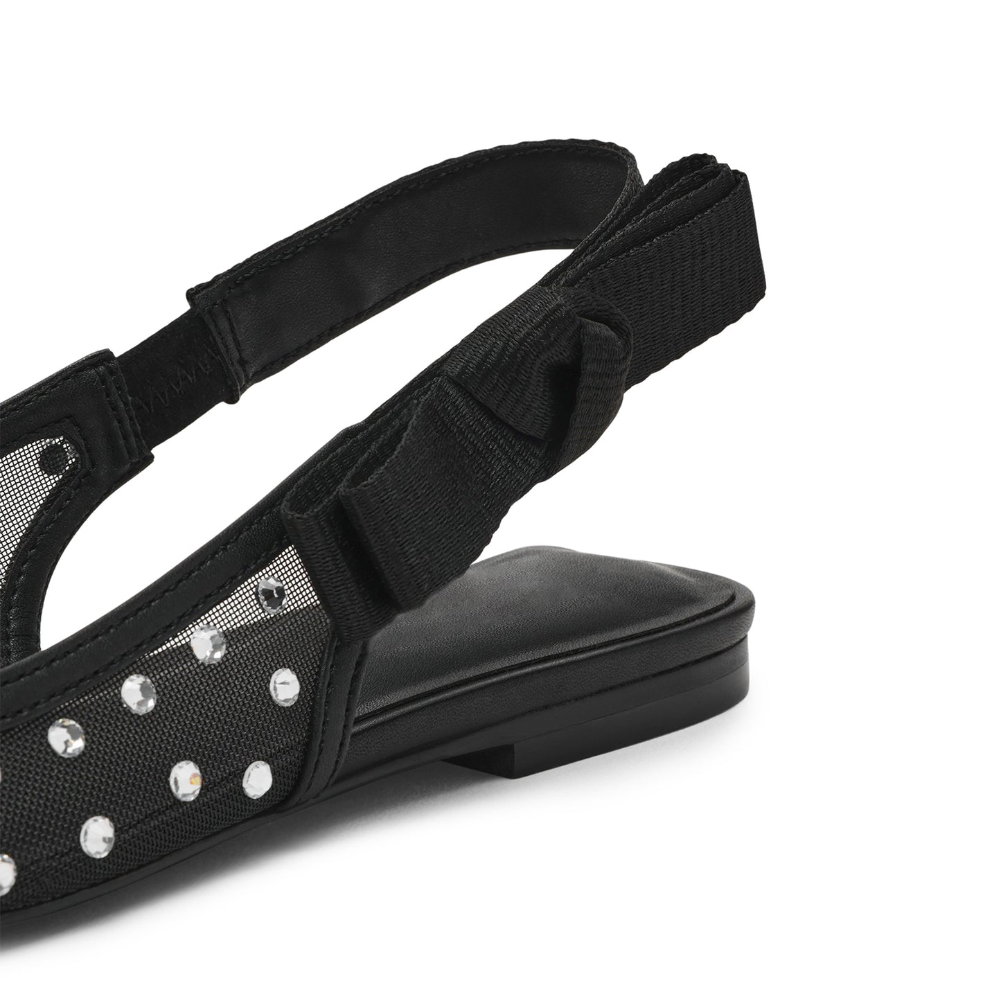 Black Mesh Pointed-Toe Rhinestones And Slingback With Bow Flats