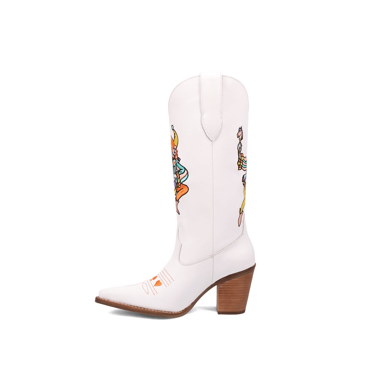 White Snip-Toe Joker Embroidery Mid Calf Cowgirl Boots