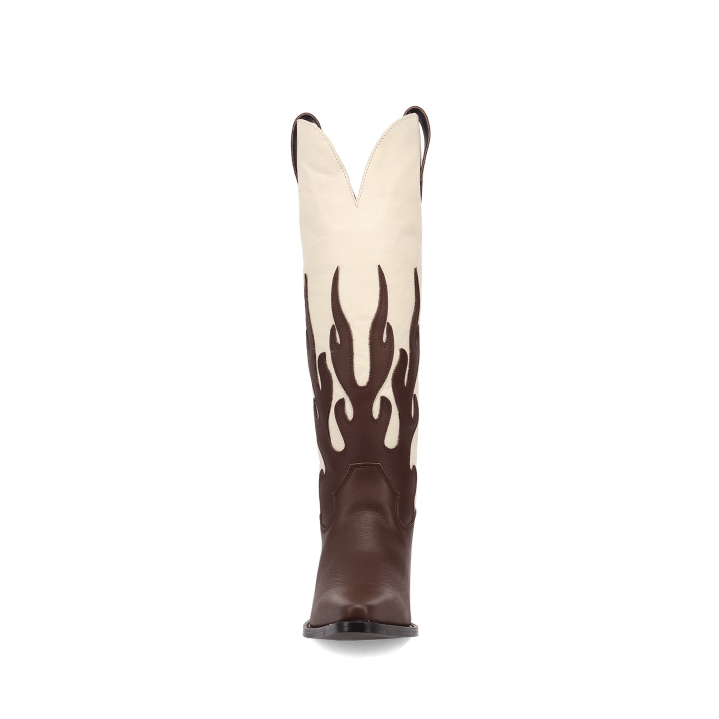 Contrast Brown And Ivory Pointed-Toe Flame Appliques Wide Calf Knee High Cowgirl Boots