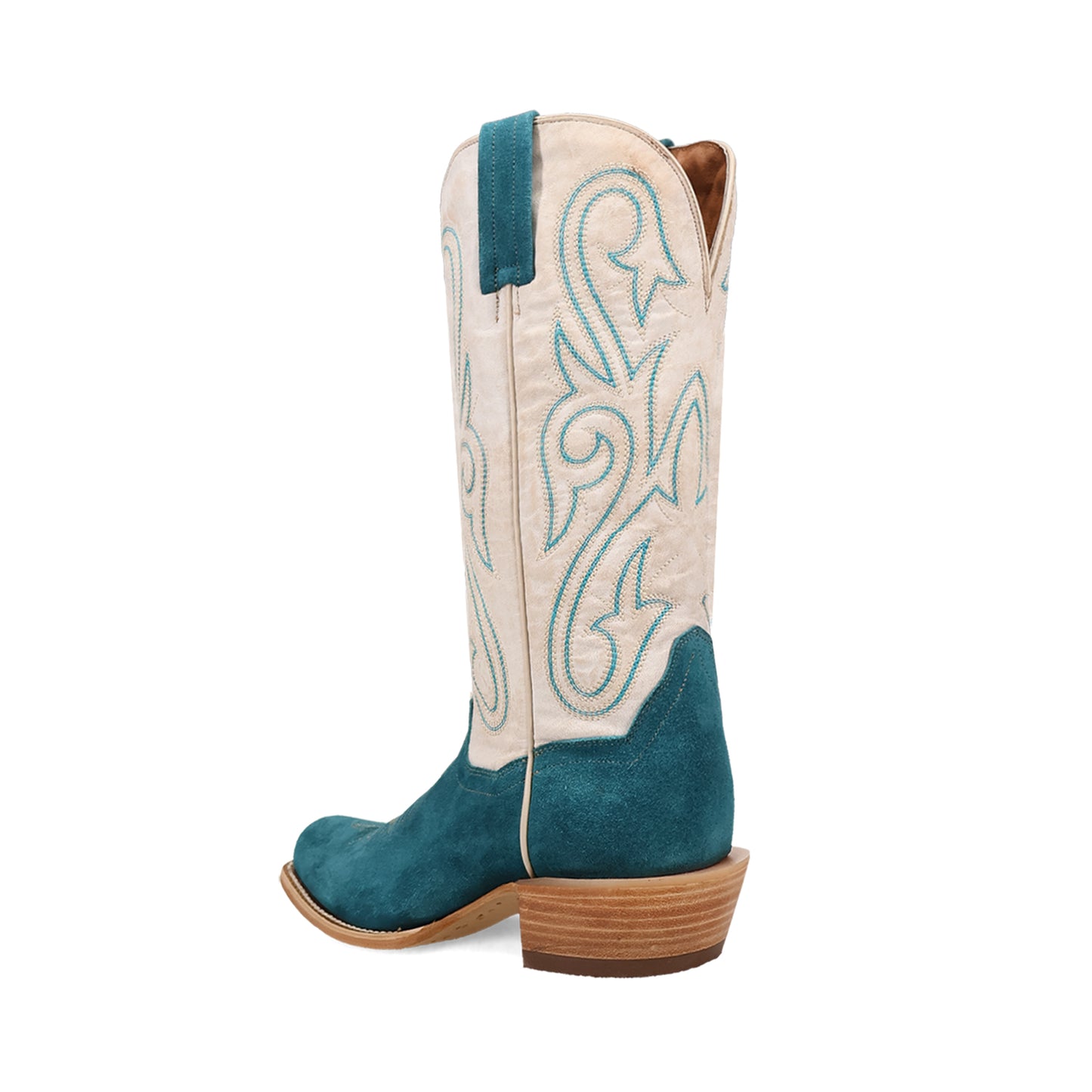 Contrast Ivory Vegan Leather And Turquoise Faux Suede Square-Toe Embroidery Mid Calf Cowgirl Boots