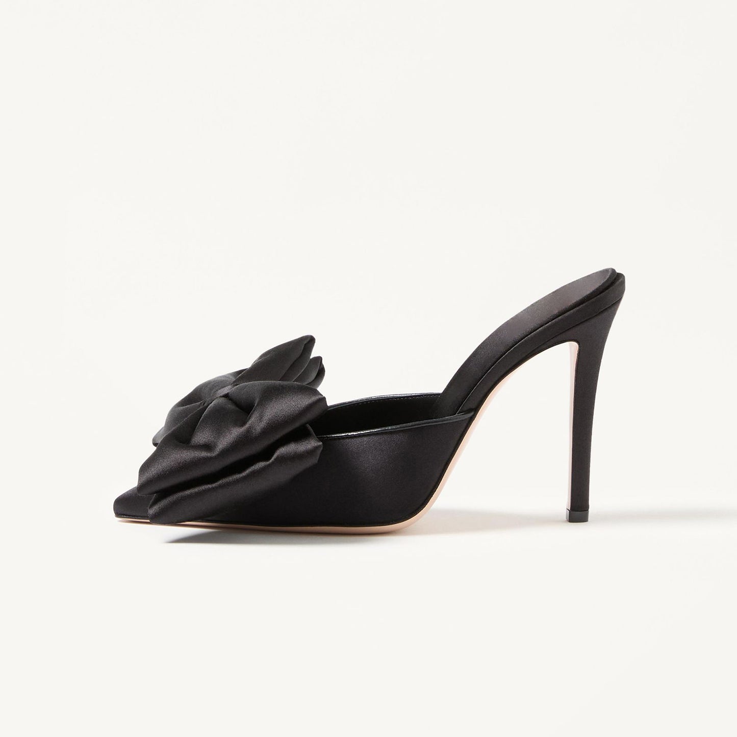 Black Satin Pointed-Toe Big Front Bow Backless Mule High Heels