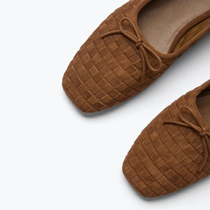 Coffee Woven Faux Suede Square-Toe Front Bow Ballet Flats