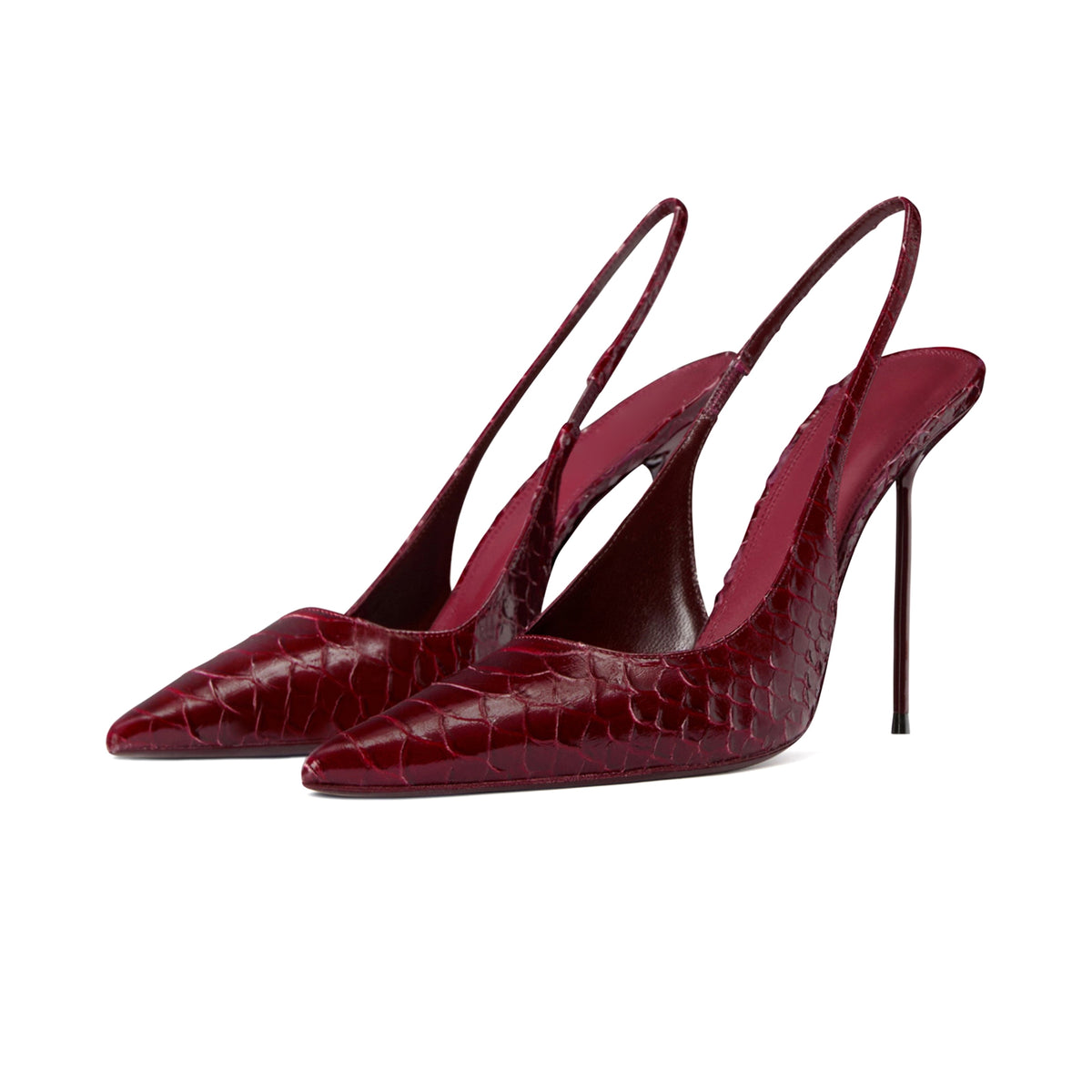 Dark Red Snakeskin Pattern Pointed-Toe Slingback Pumps High Heels