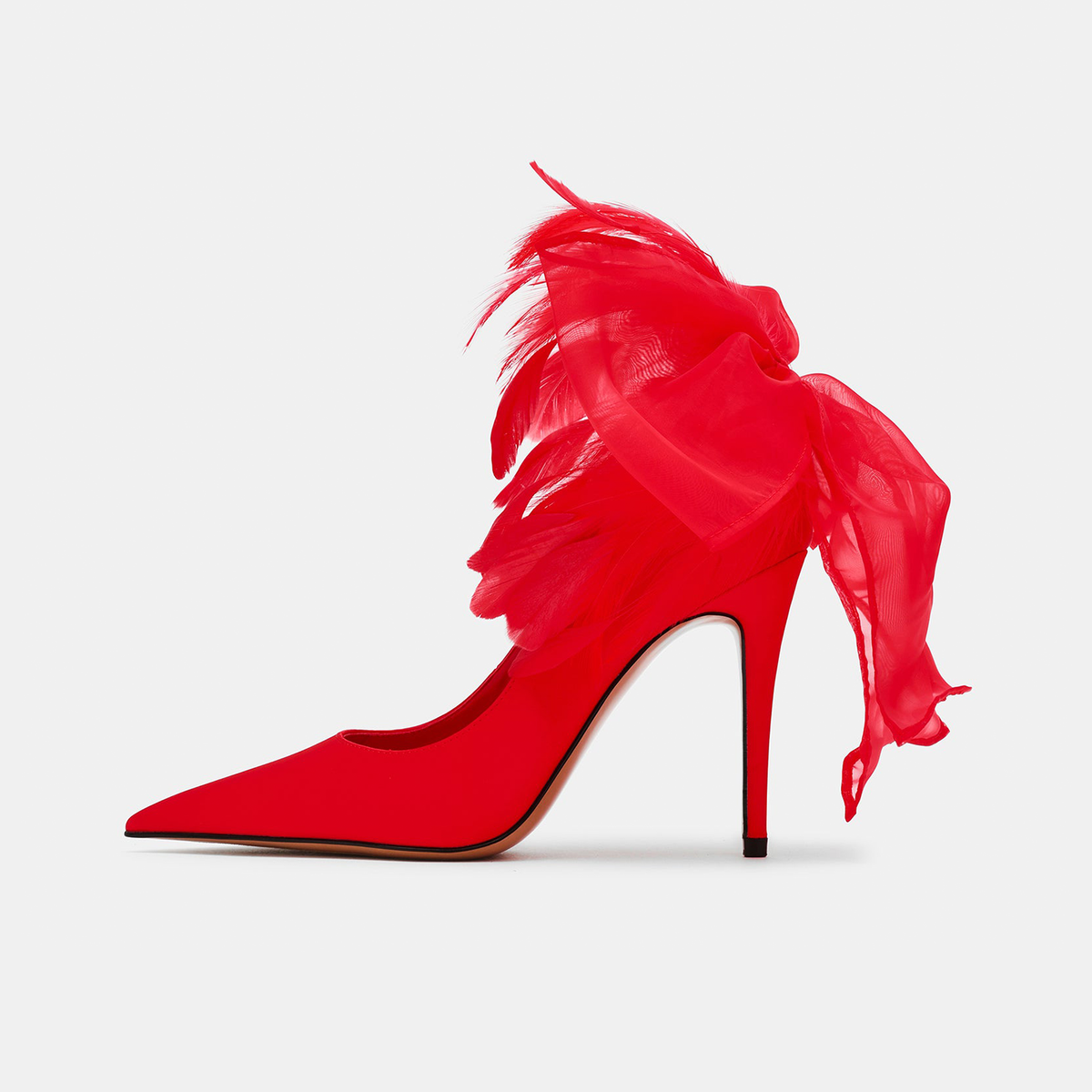 Red Satin Pointed-Toe Back Feather And Bow Slip-On High Heels