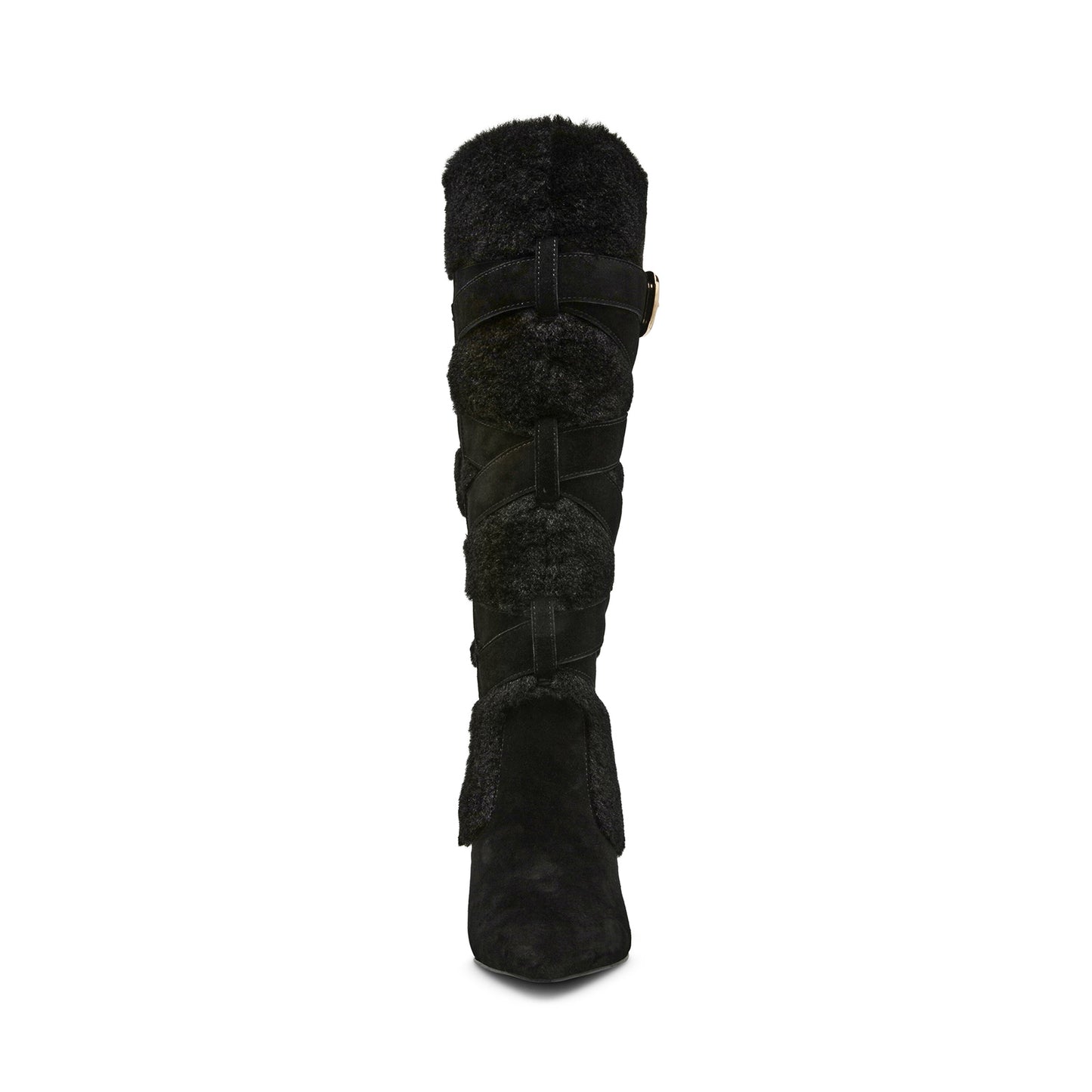 Black Faux Suede Contrast Plush Pointed-Toe Full-Zip Buckle Knee High Stiletto Boots