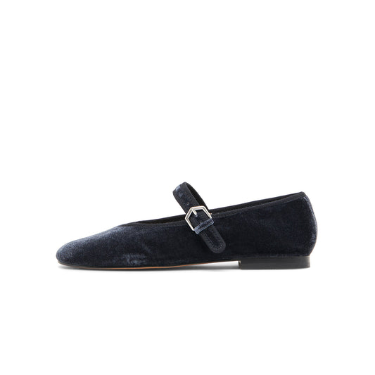 Dark Blue Velvet Round-Toe Vegan Leather Bridge Strap Ballet Flats