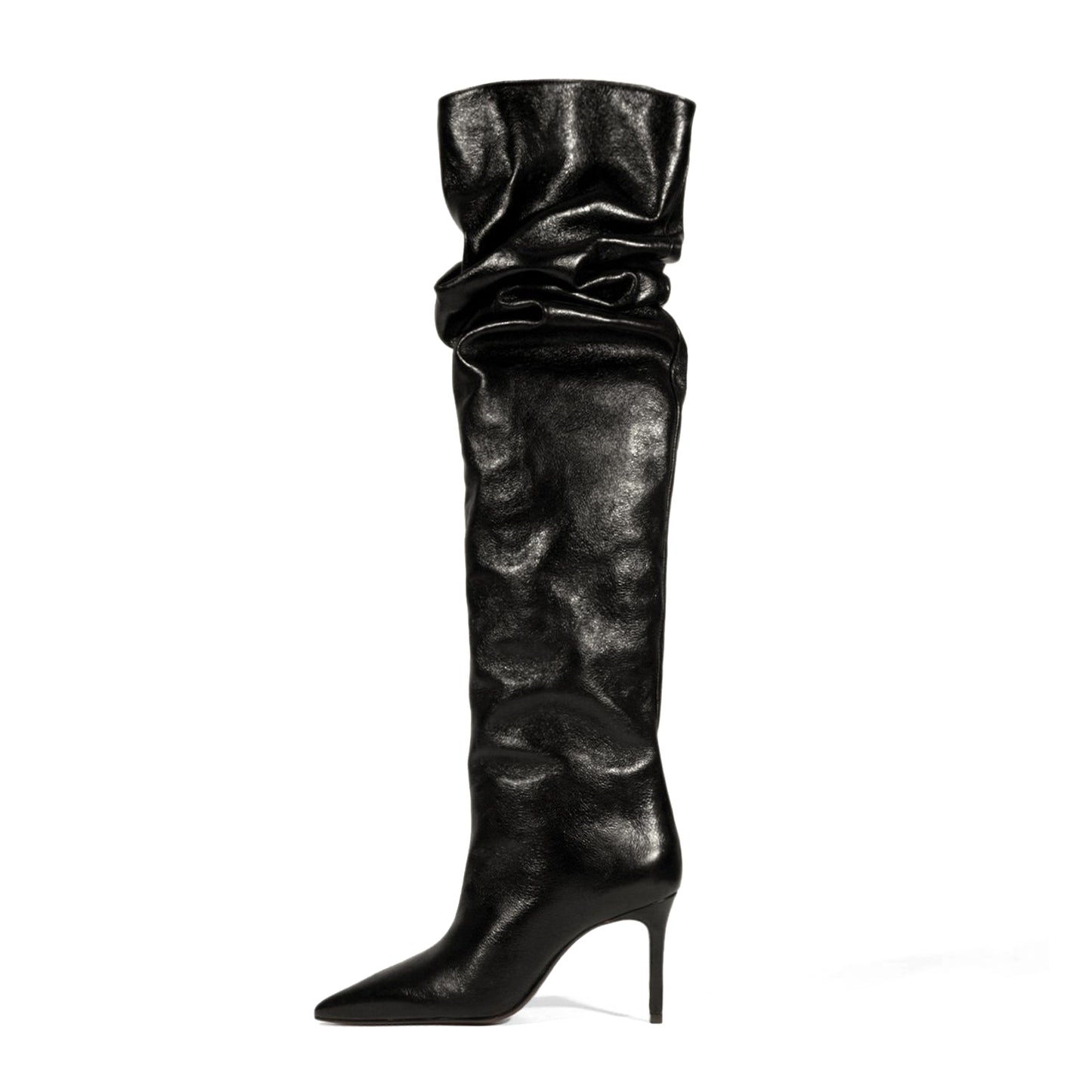 Black Pointed-Toe Short-Zip Slouch Over-The-Knee Stiletto Boots