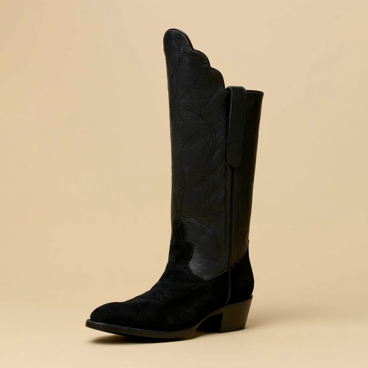 Black Round-Toe Classic Embroidery Mid Calf Cowgirl Boots For Women