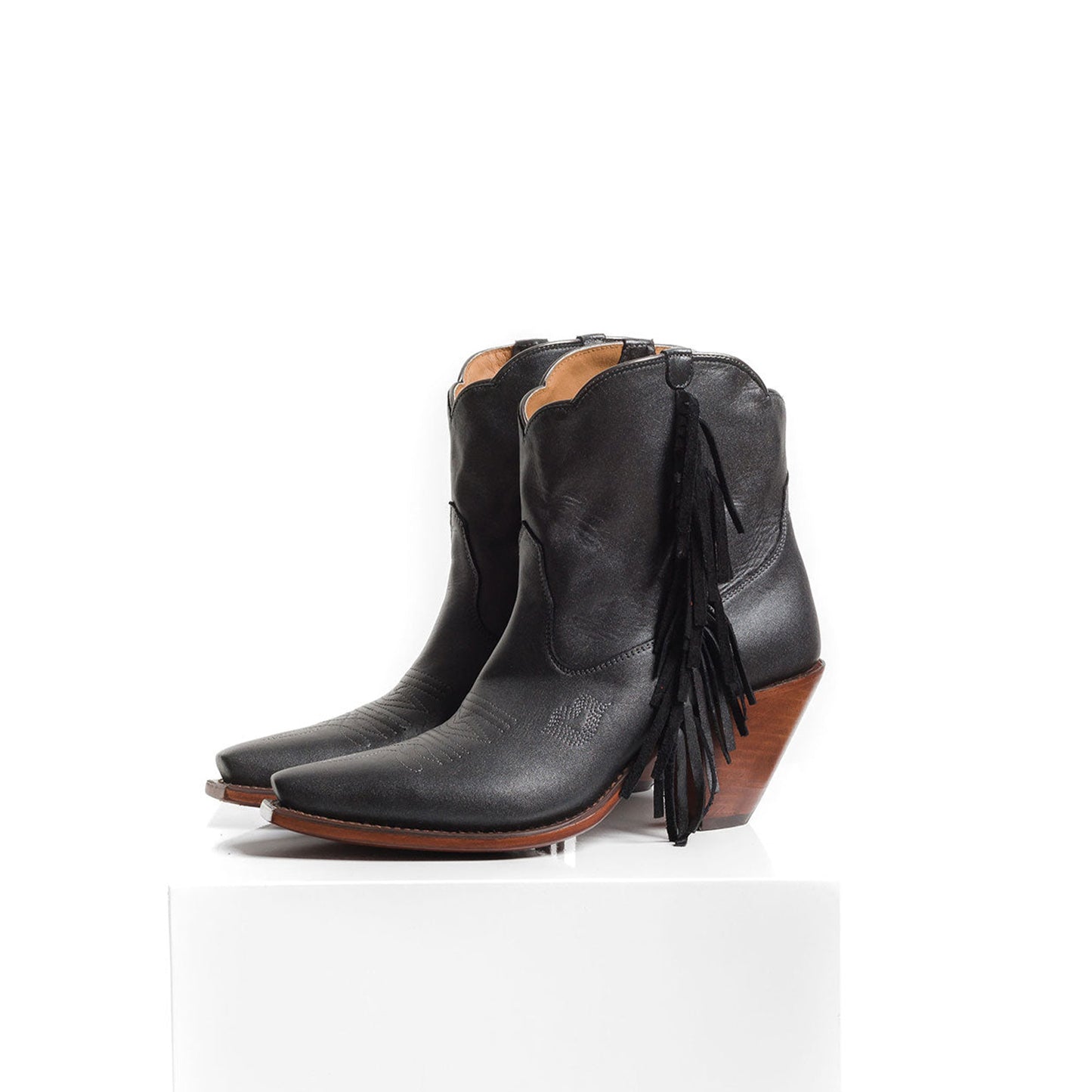 Black Snip-Toe Side Fringe Ankle Cowgirl Boots