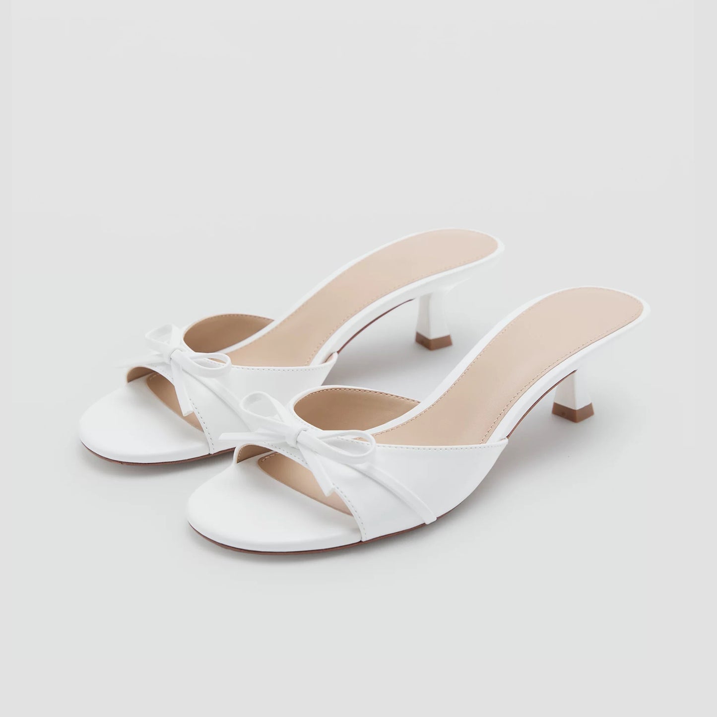 Patent White Square-Toe Front Chic Bow Slip-On Backless Kitten Heels