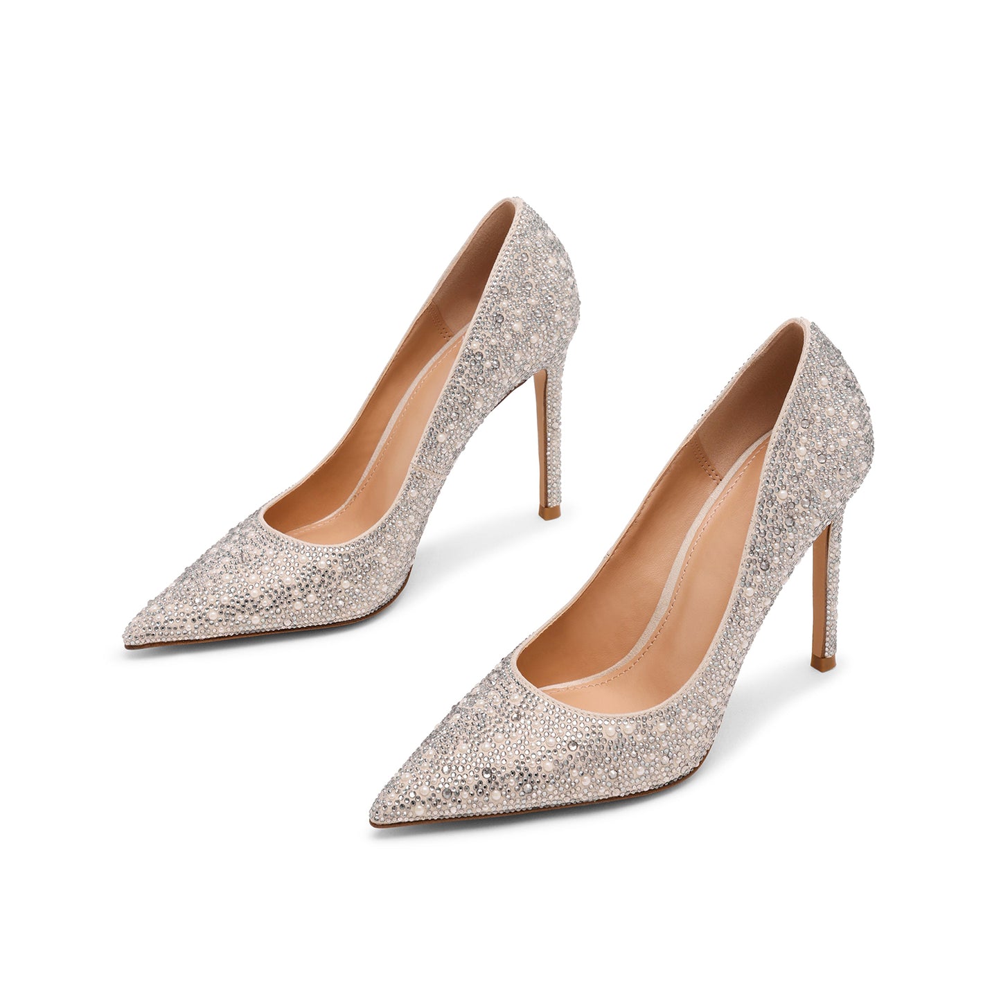 Silver Satin Full Pearls Rhinestones Pointed-Toe Classic Slingback High Heels