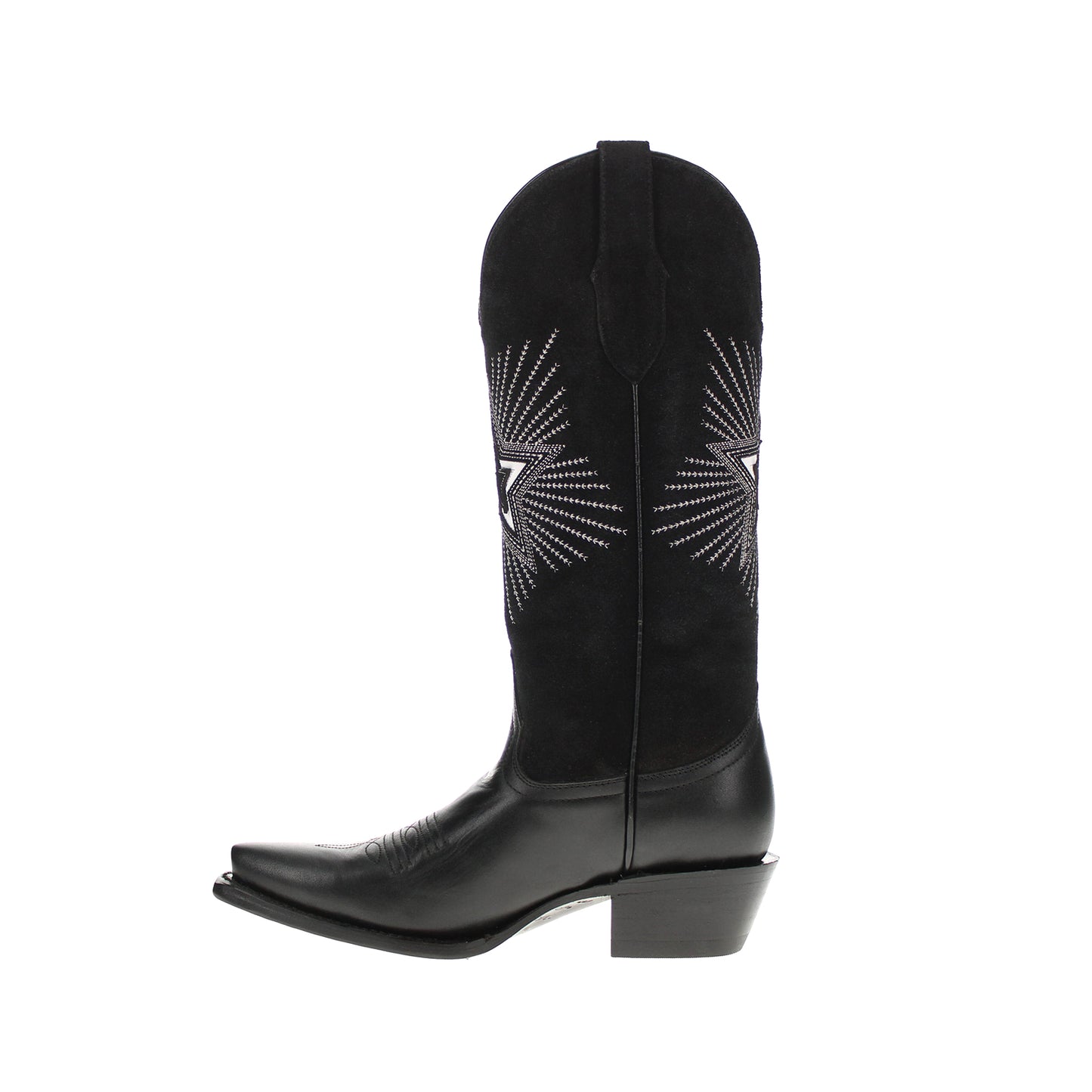 Black Snip-Toe Star Embroidery Wide Calf Knee High Cowgirl Boots