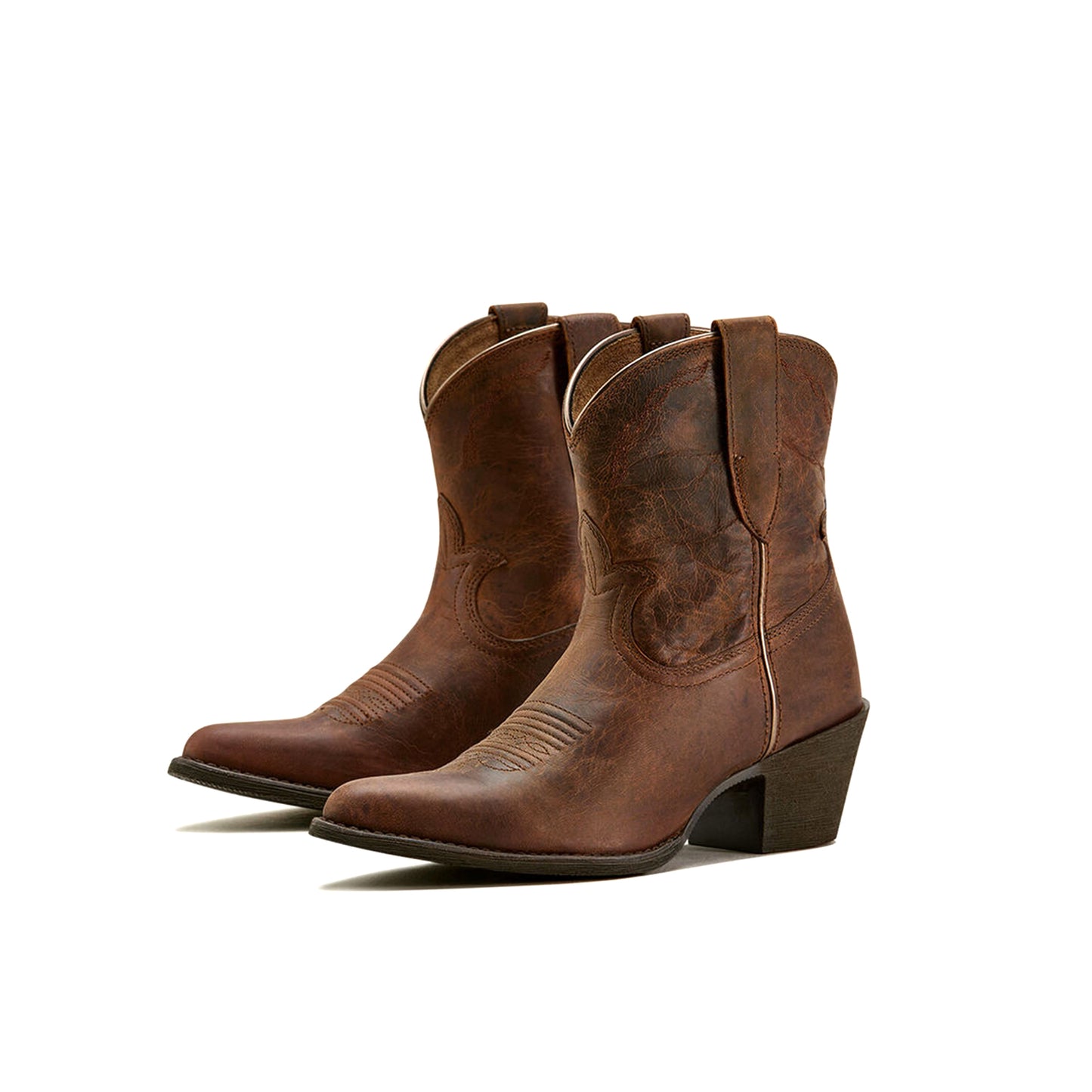 Brown Almond-Toe Stitch Ankle Cowgirl Boots