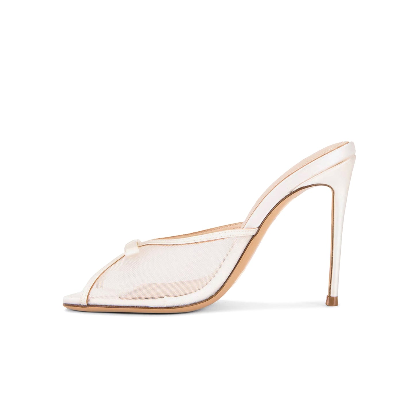 White Mesh Satin Round-Toe Front Bow Backless High Heels