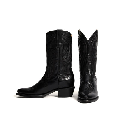 Black Almond-Toe Embroidery Classic Mid Calf Cowgirl Boots