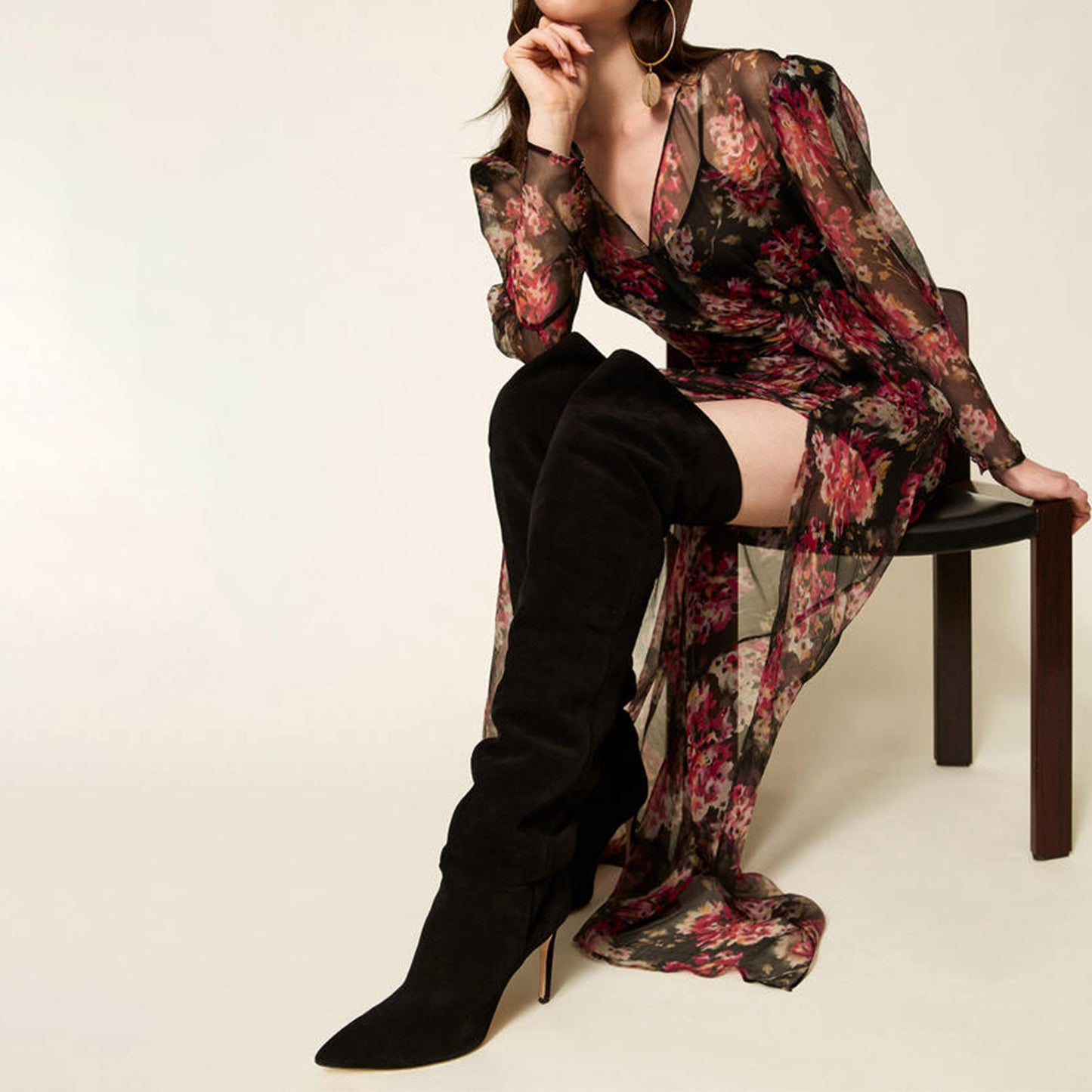 Black Faux Suede Pointed-Toe Wide Calf Over-The-Knee Stiletto Boots
