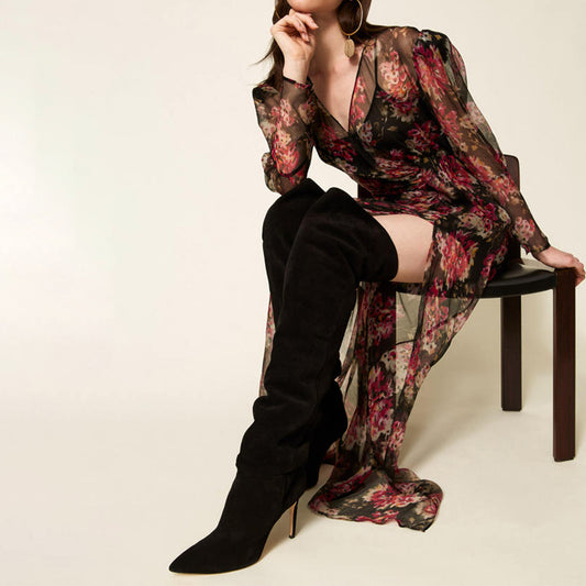 Black Faux Suede Pointed-Toe Wide Calf Over-The-Knee Stiletto Boots