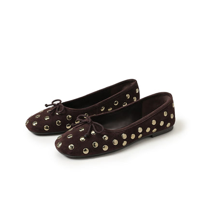 Coffee Faux Suede Square-Toe Studded Slip-On Flats