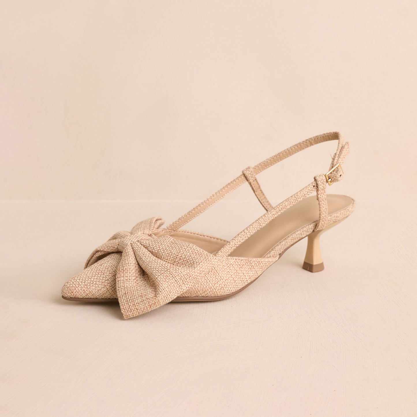 Nude Cotton And Linen Woven Pointed-Toe Front Bow Slingback Kitten Heels