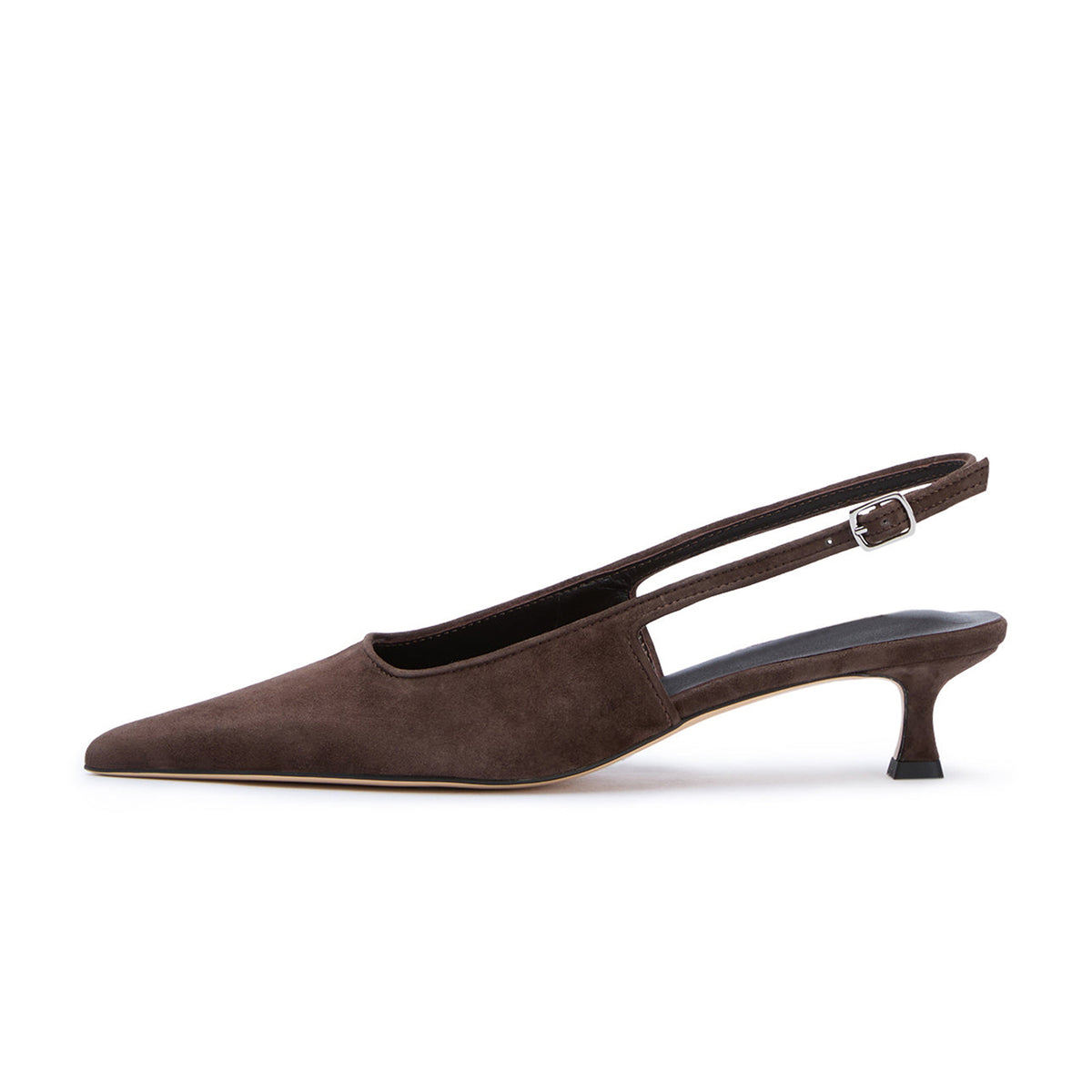 Chic Pointed-Toe Buckle Slingback Kitten Heels - Coffee Faux Suede