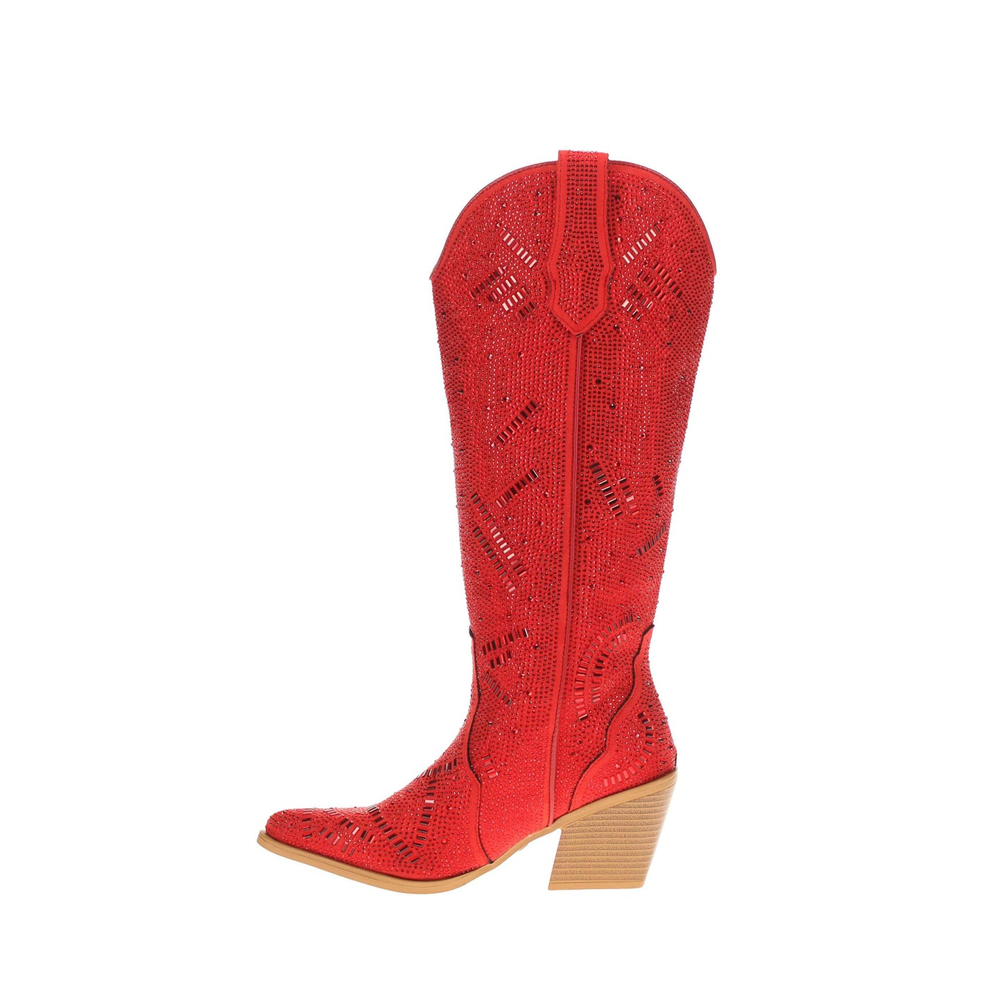 Red Faux Suede Pointed-Toe Full Crystals Wide Calf Knee High Cowgirl Boots